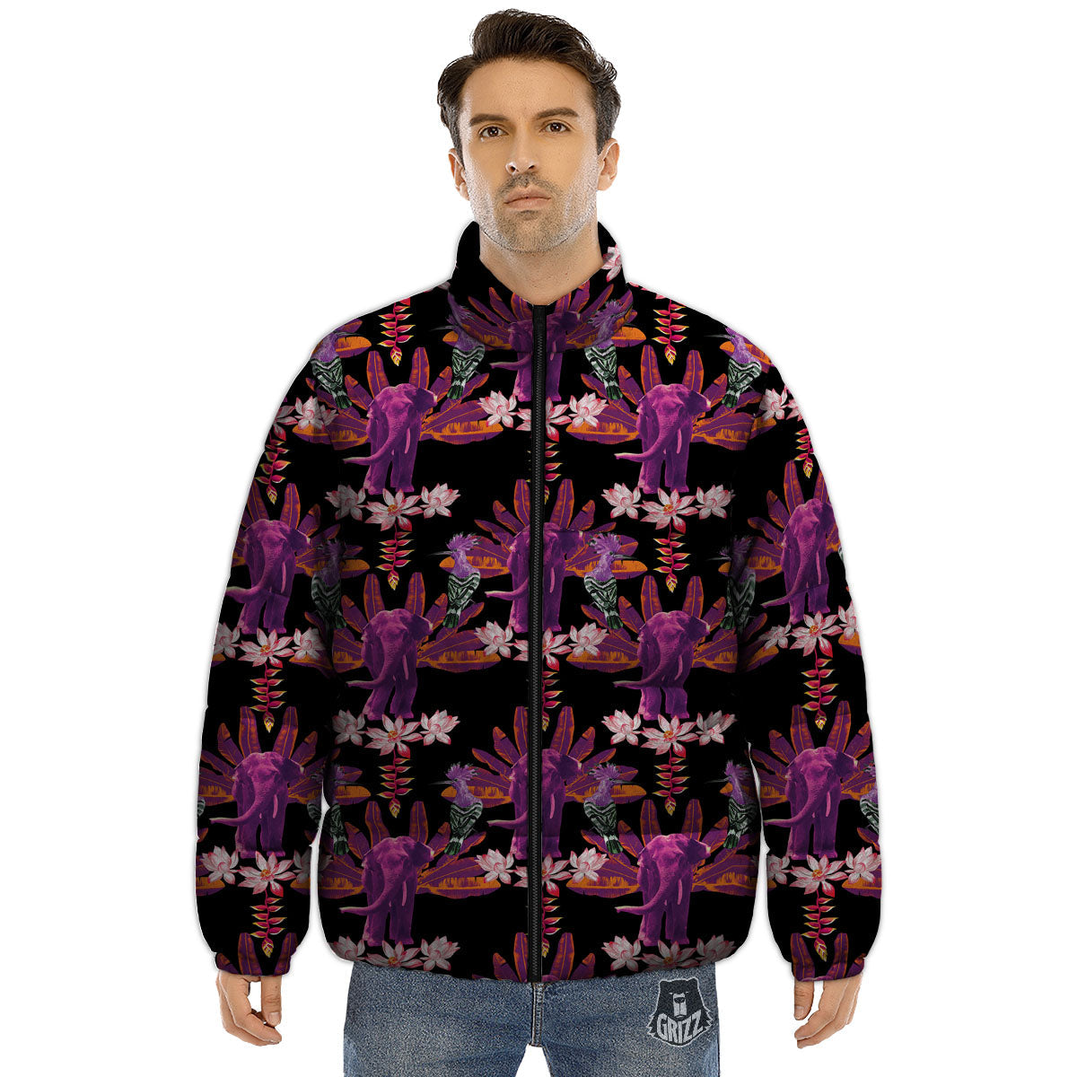 Elephant Tropical Purple Print Pattern Puffer Jacket-grizzshop
