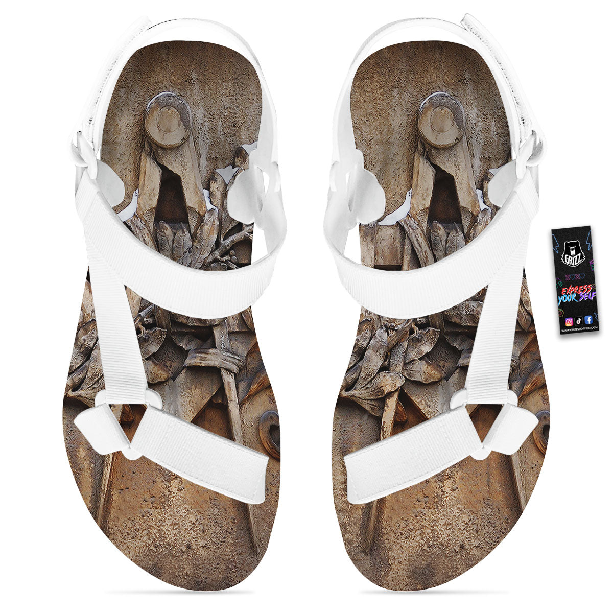 Emblem Freemasonry Print White Open Toe Sandals-grizzshop