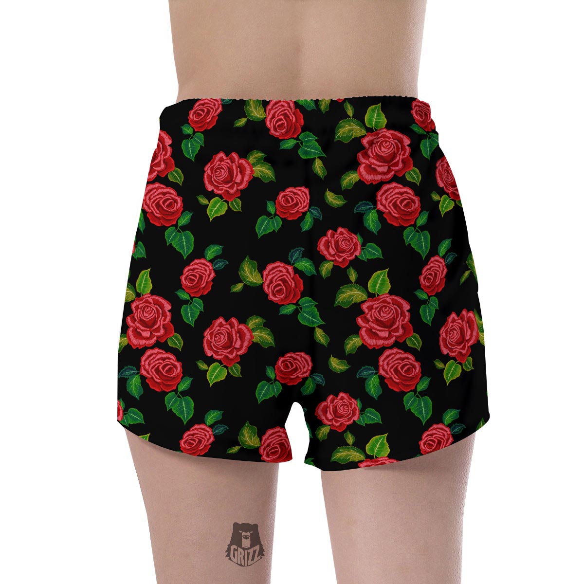 Embroidery Red Rose Floral Print Women's Shorts-grizzshop
