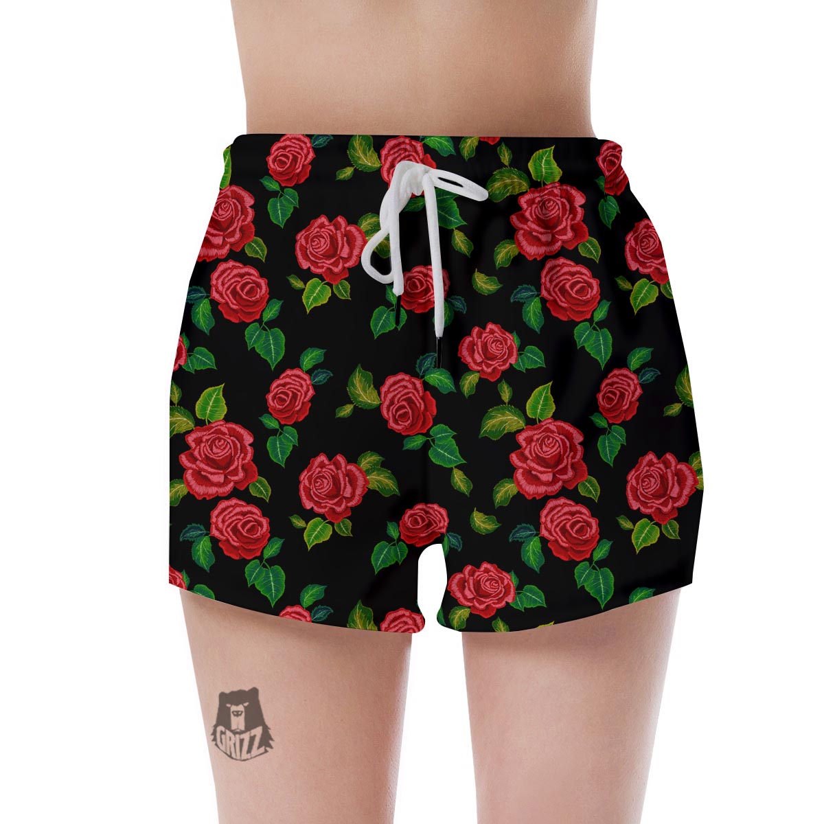 Embroidery Red Rose Floral Print Women's Shorts-grizzshop