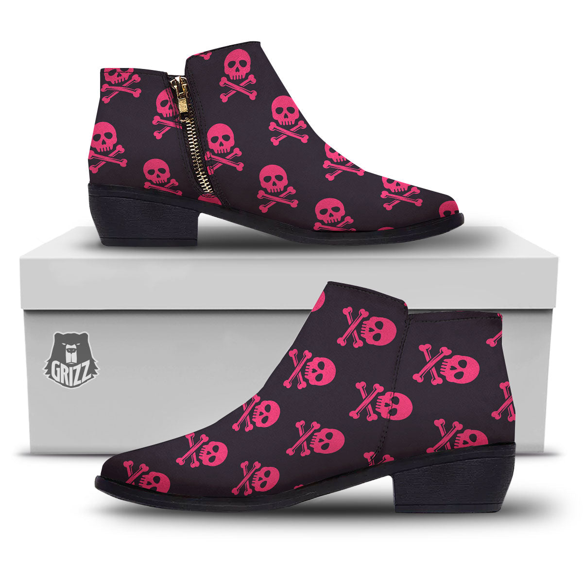 Emo Skull Pink Print Pattern Ankle Boots-grizzshop