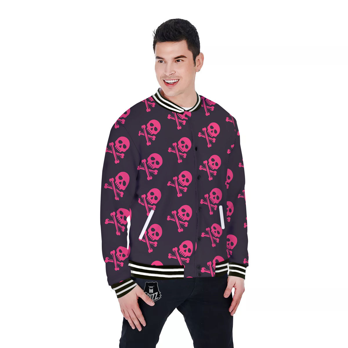 Emo Skull Pink Print Pattern Baseball Jacket-grizzshop