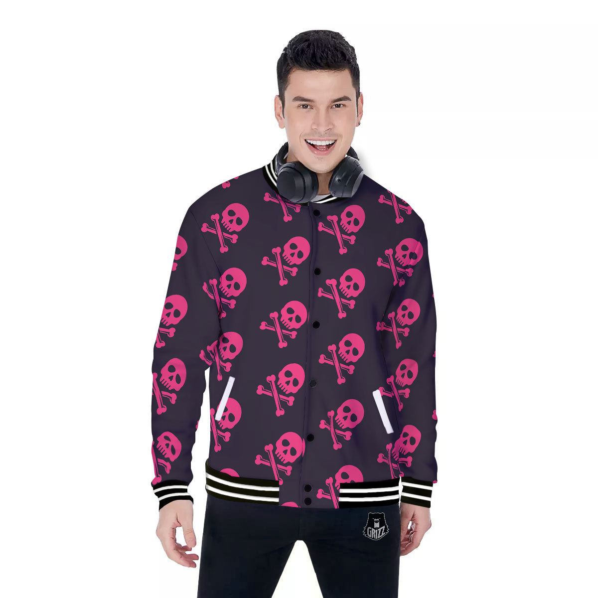 Emo Skull Pink Print Pattern Baseball Jacket-grizzshop