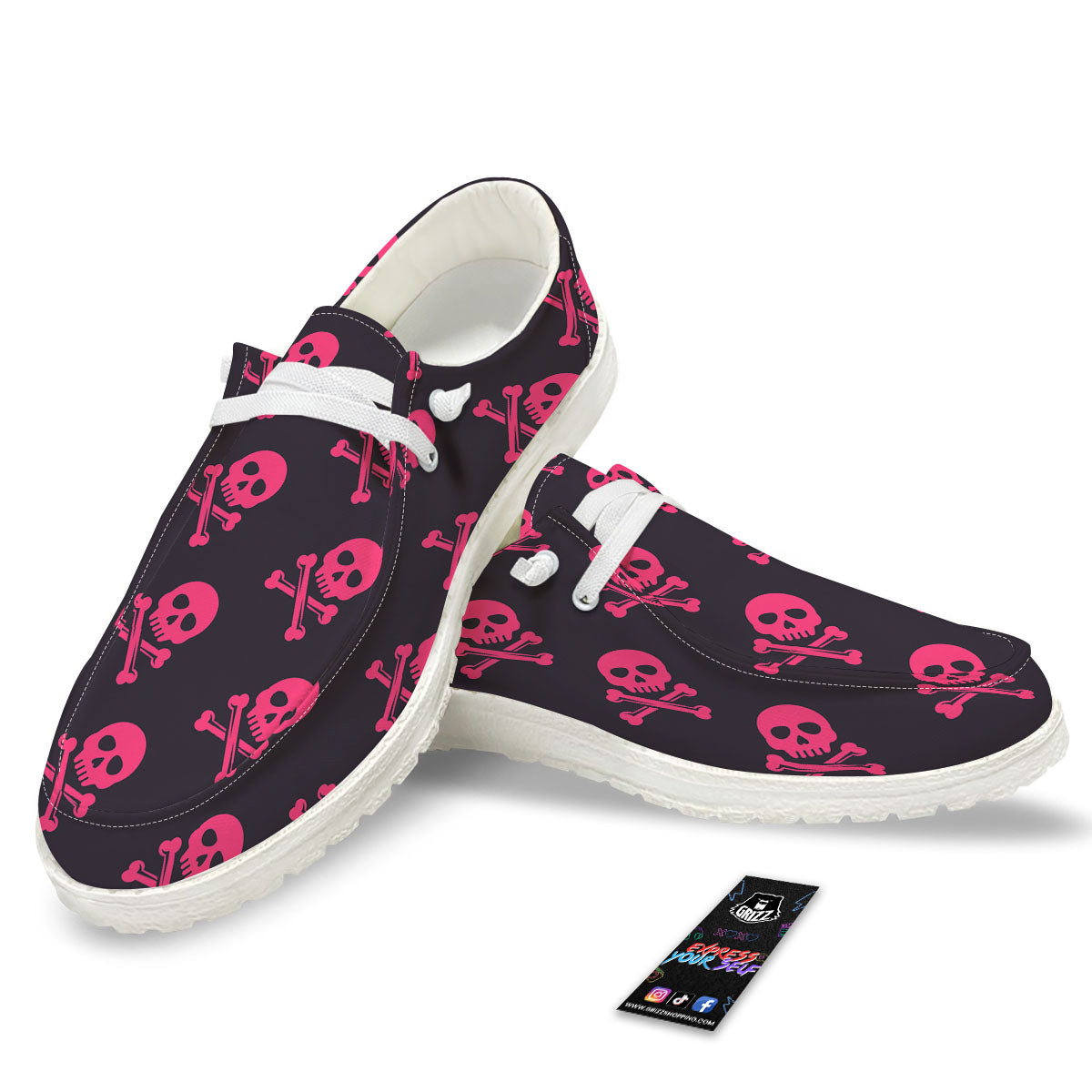 Emo Skull Pink Print Pattern Black Loafers-grizzshop