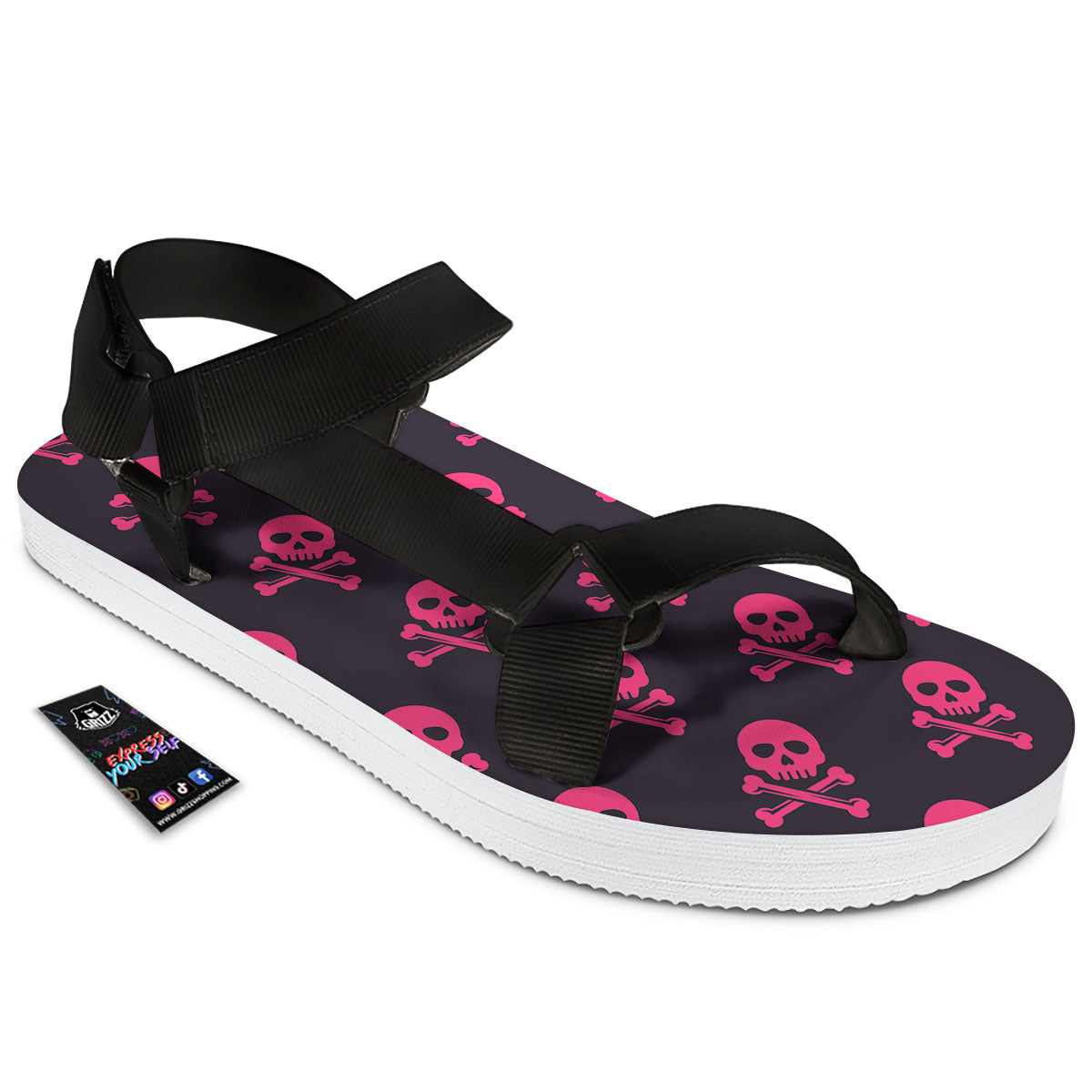 Emo Skull Pink Print Pattern Black Open Toe Sandals-grizzshop