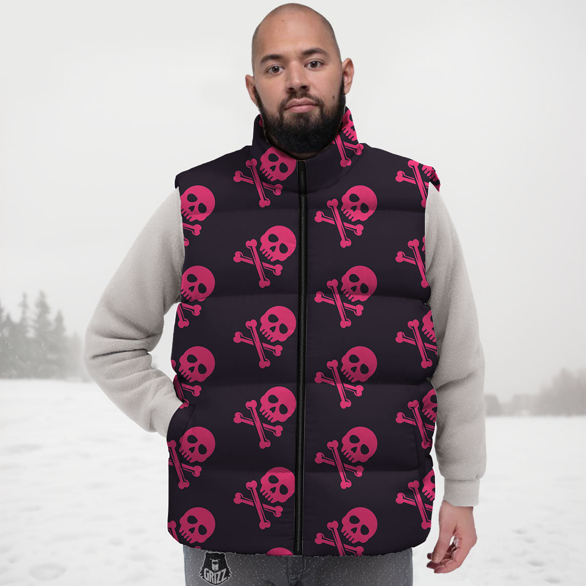 Emo Skull Pink Print Pattern Down Vest-grizzshop