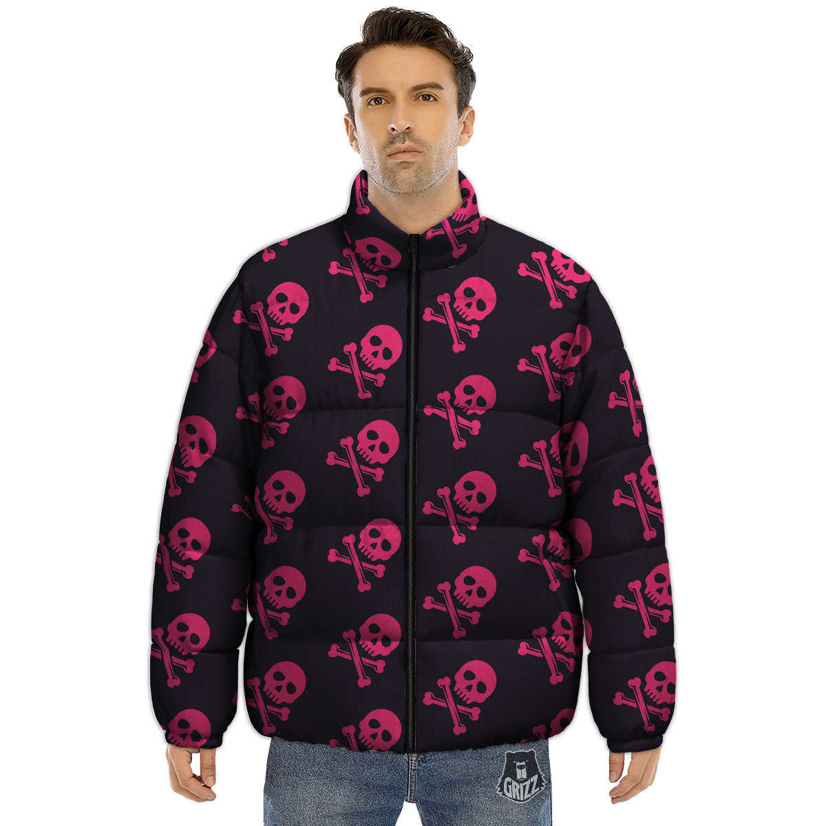 Emo Skull Pink Print Pattern Puffer Jacket-grizzshop