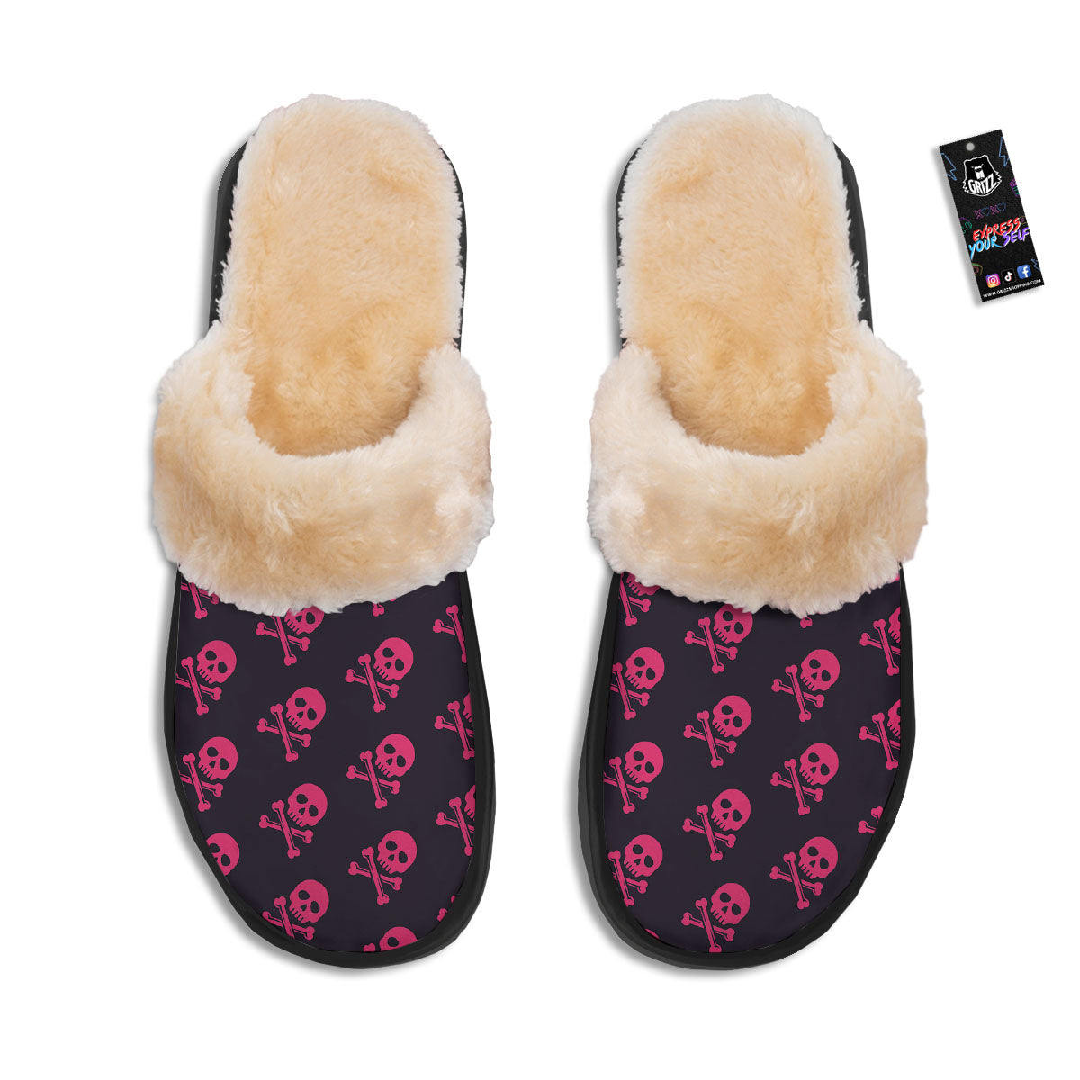 Emo Skull Pink Print Pattern Slippers-grizzshop
