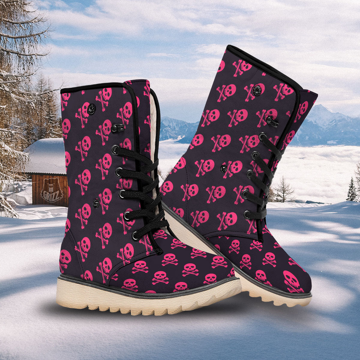 Emo Skull Pink Print Pattern Snow Boots-grizzshop