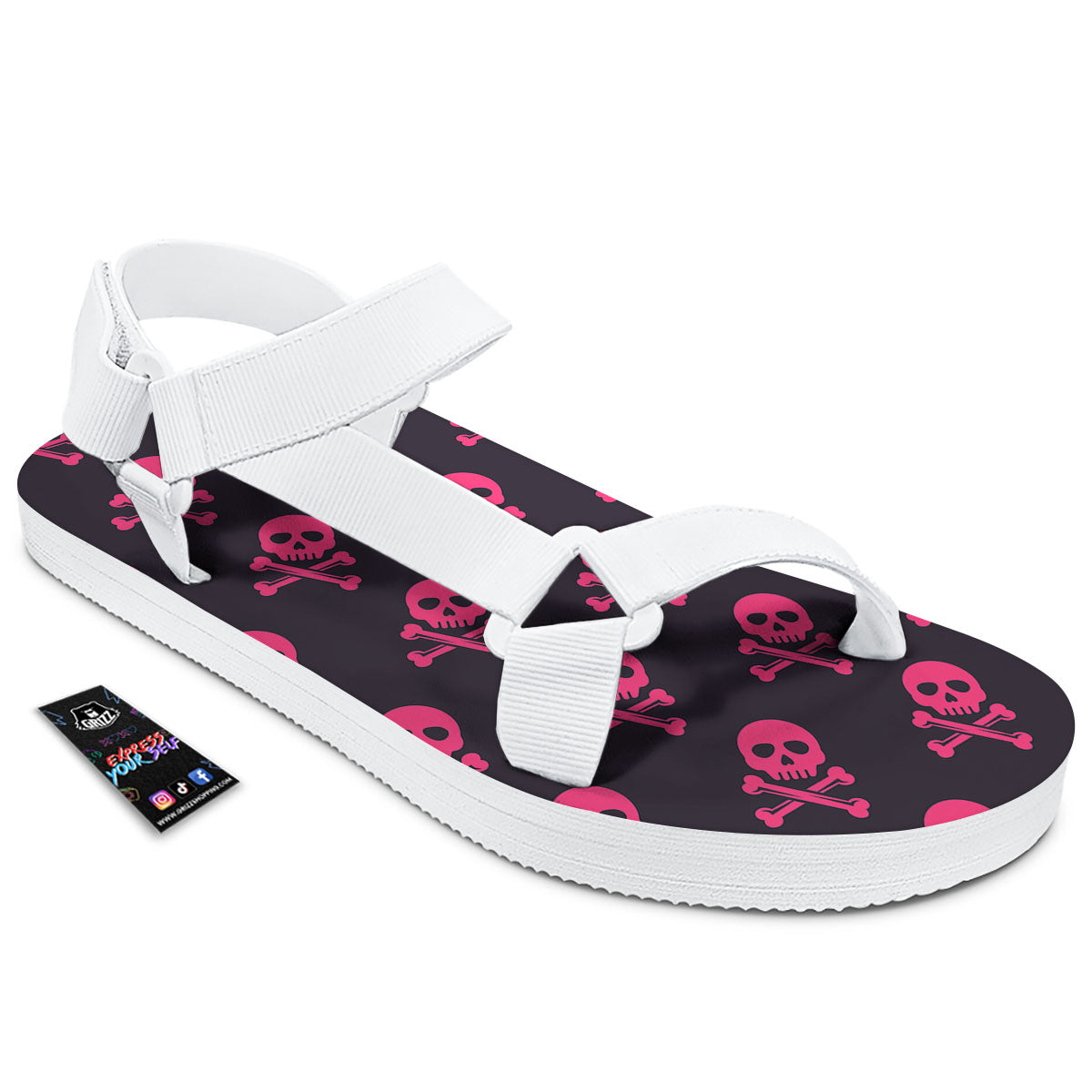 Emo Skull Pink Print Pattern White Open Toe Sandals-grizzshop
