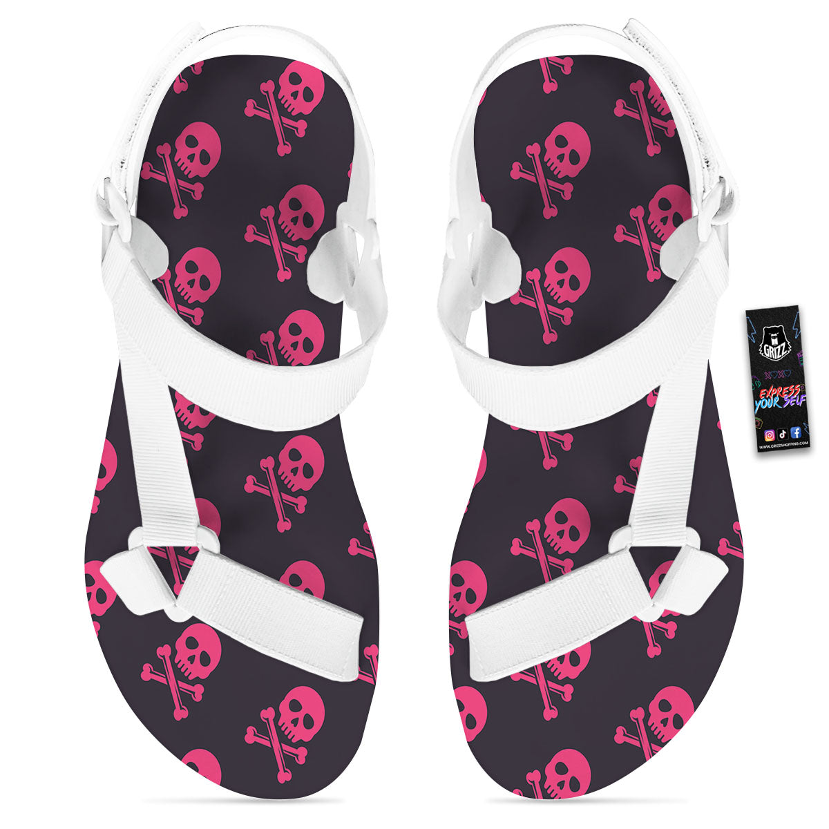Emo Skull Pink Print Pattern White Open Toe Sandals-grizzshop
