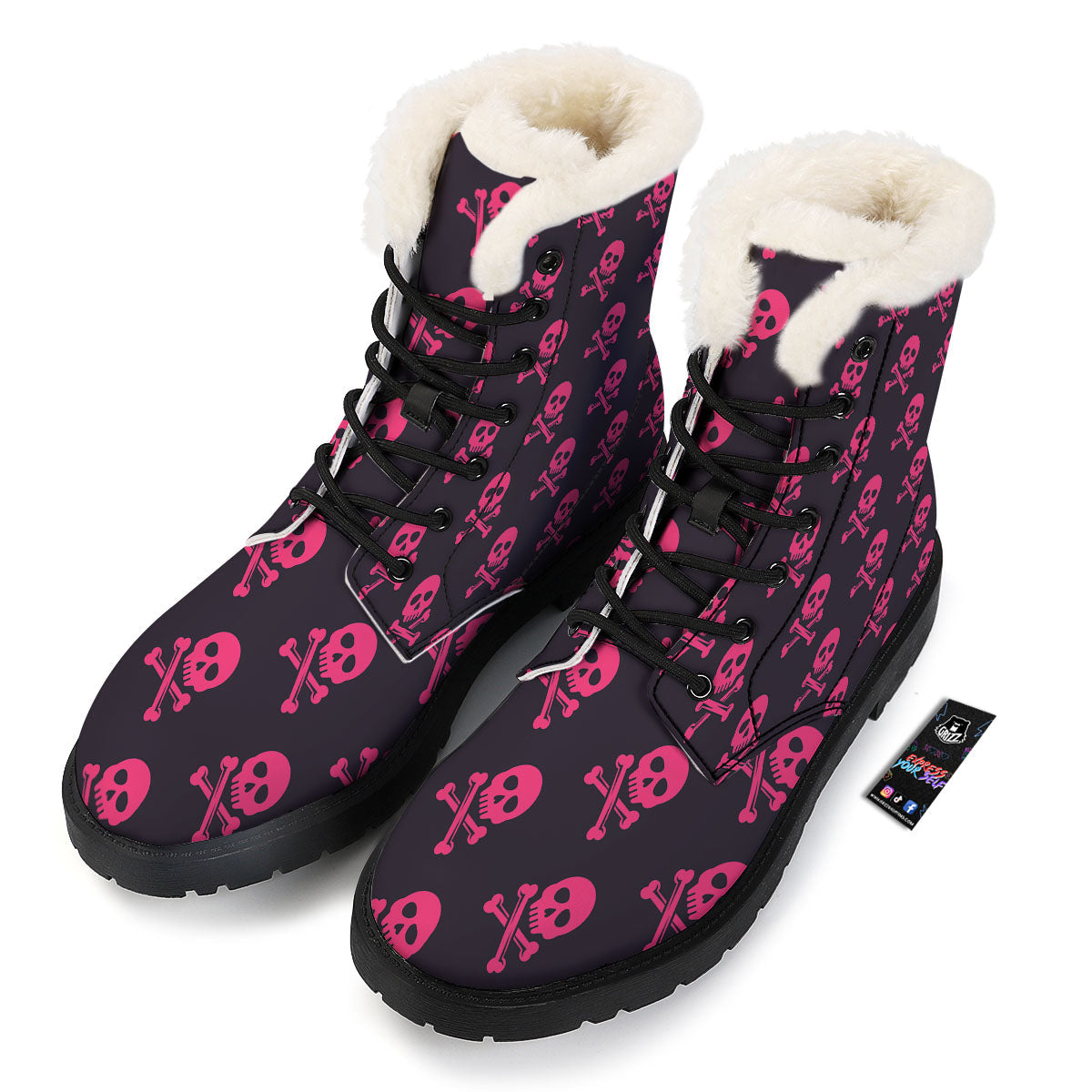 Emo Skull Pink Print Pattern Winter Boots-grizzshop