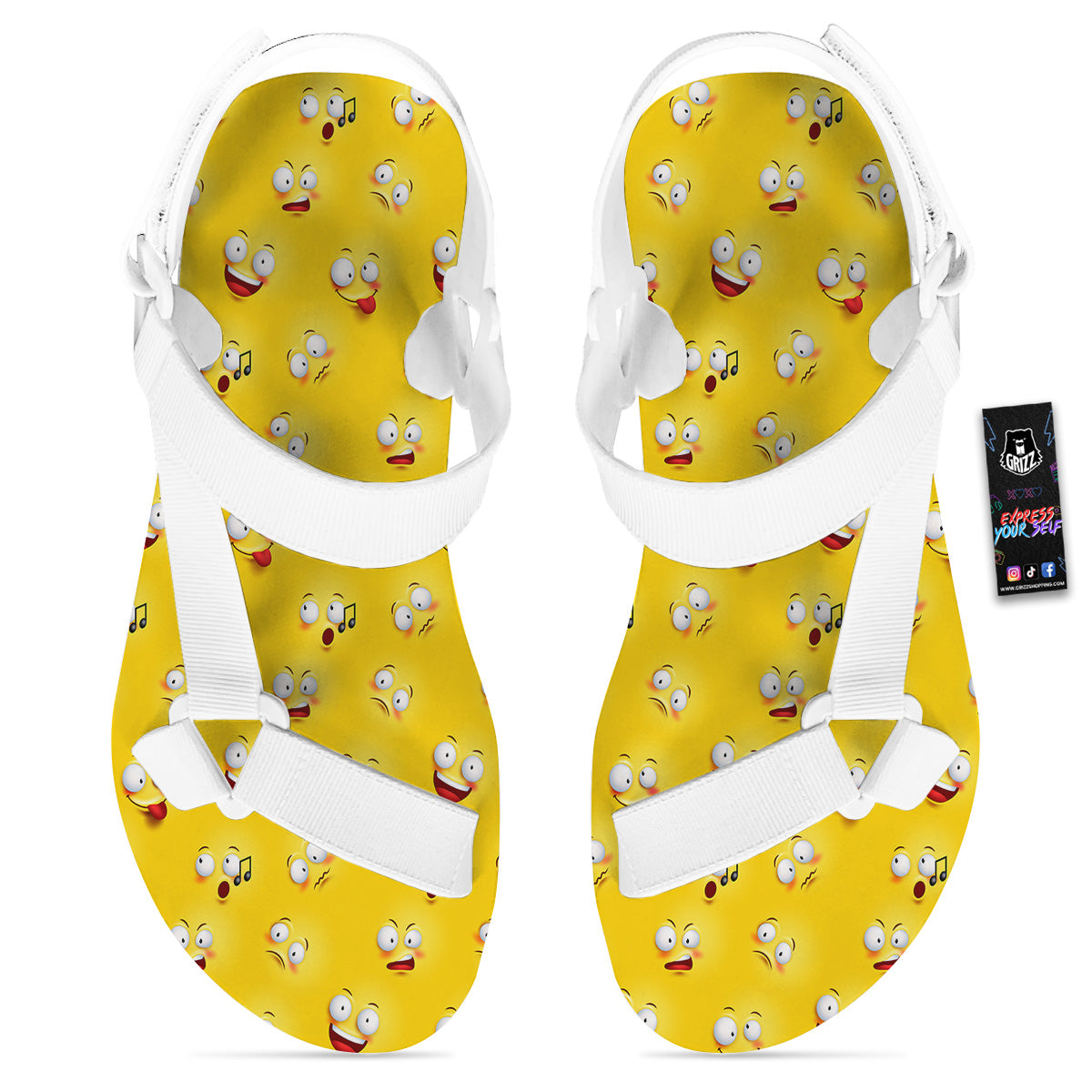Emoji 3D Face Print Pattern White Open Toe Sandals-grizzshop