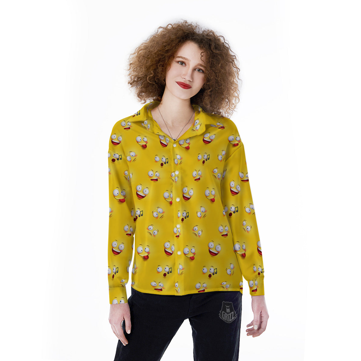 Emoji 3D Face Print Pattern Women's Long Sleeve Shirts-grizzshop