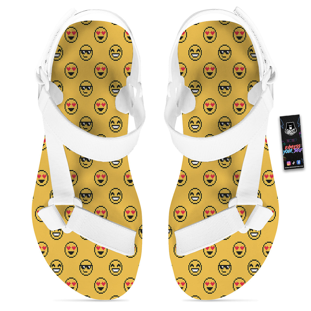 Emoji 8-Bit Print Pattern White Open Toe Sandals-grizzshop