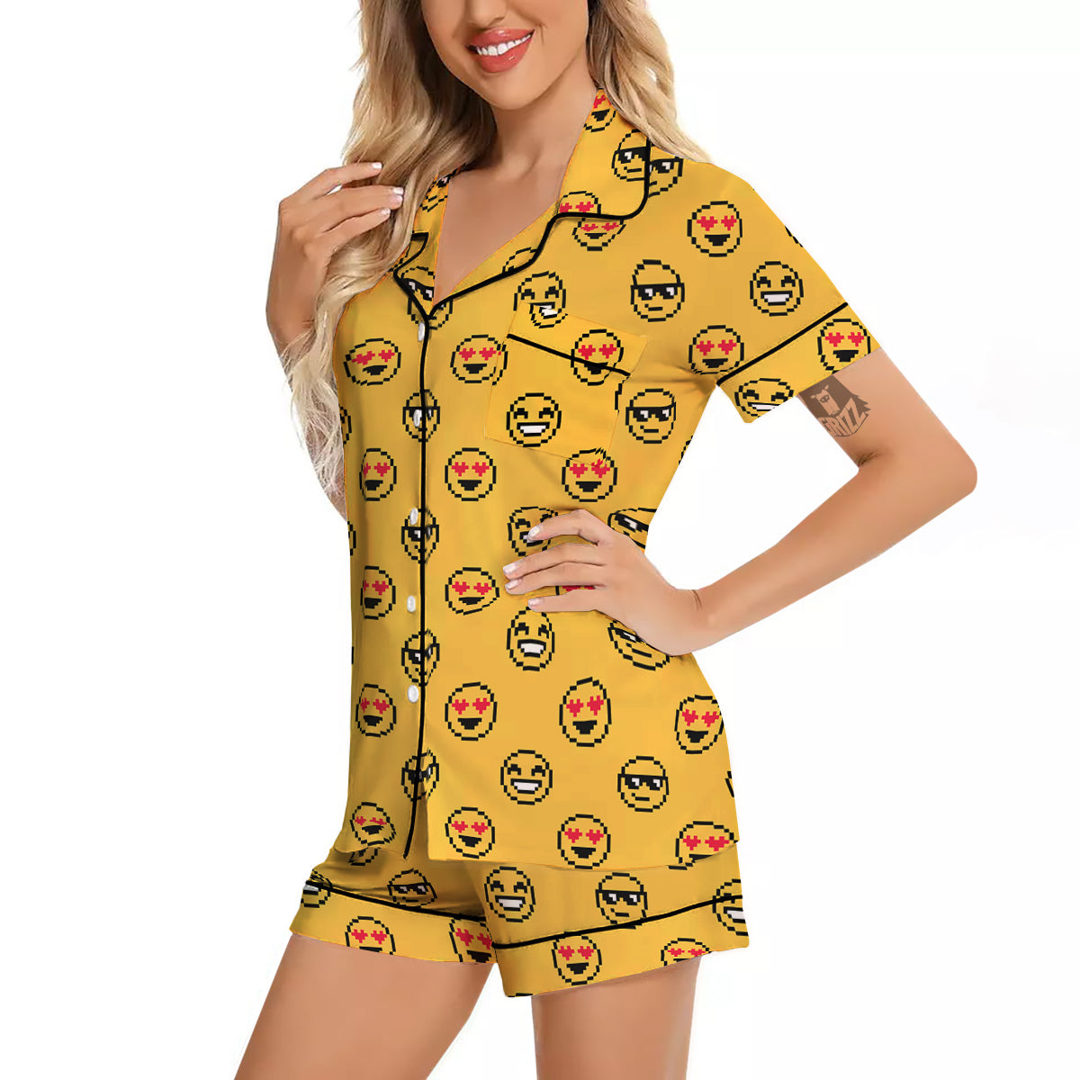 Emoji 8-Bit Print Pattern Women Silk Pajamas-grizzshop