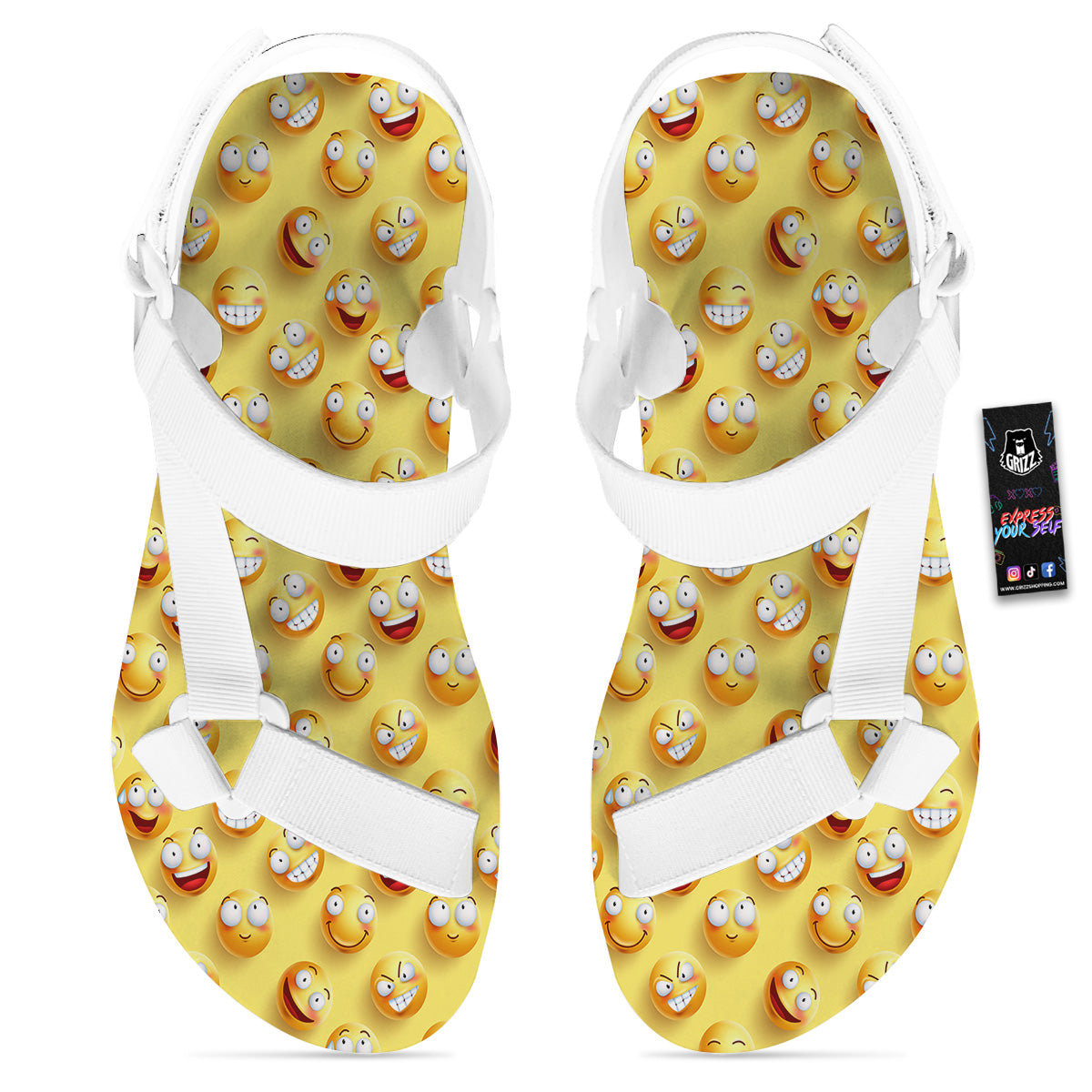 Emoji And Facial Expressions Print Pattern White Open Toe Sandals-grizzshop