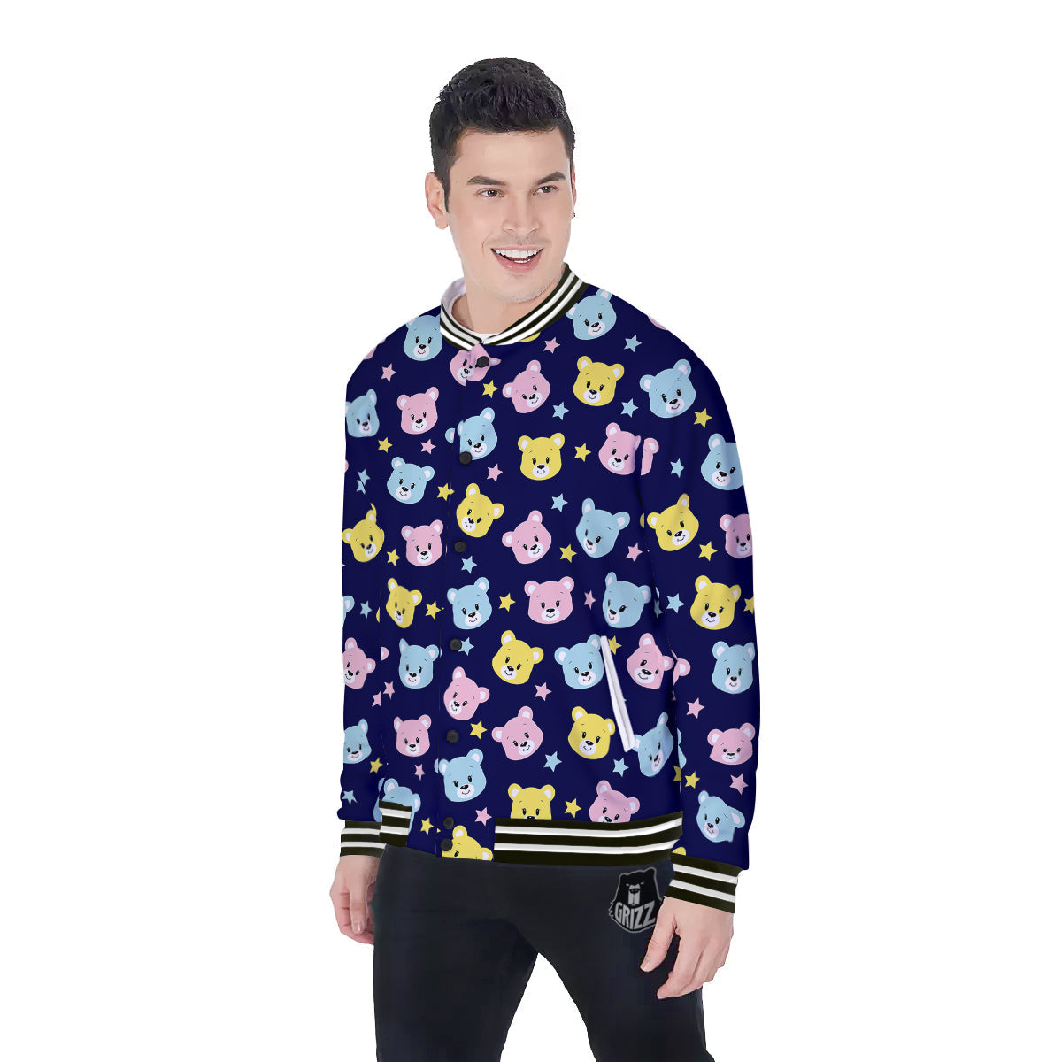 Emoji Bear Print Pattern Baseball Jacket-grizzshop