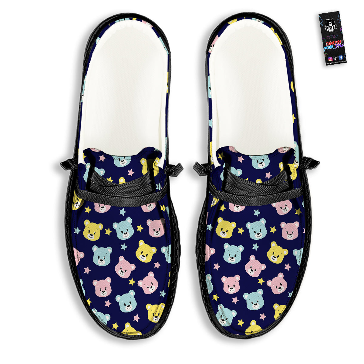 Emoji Bear Print Pattern Black Loafers-grizzshop