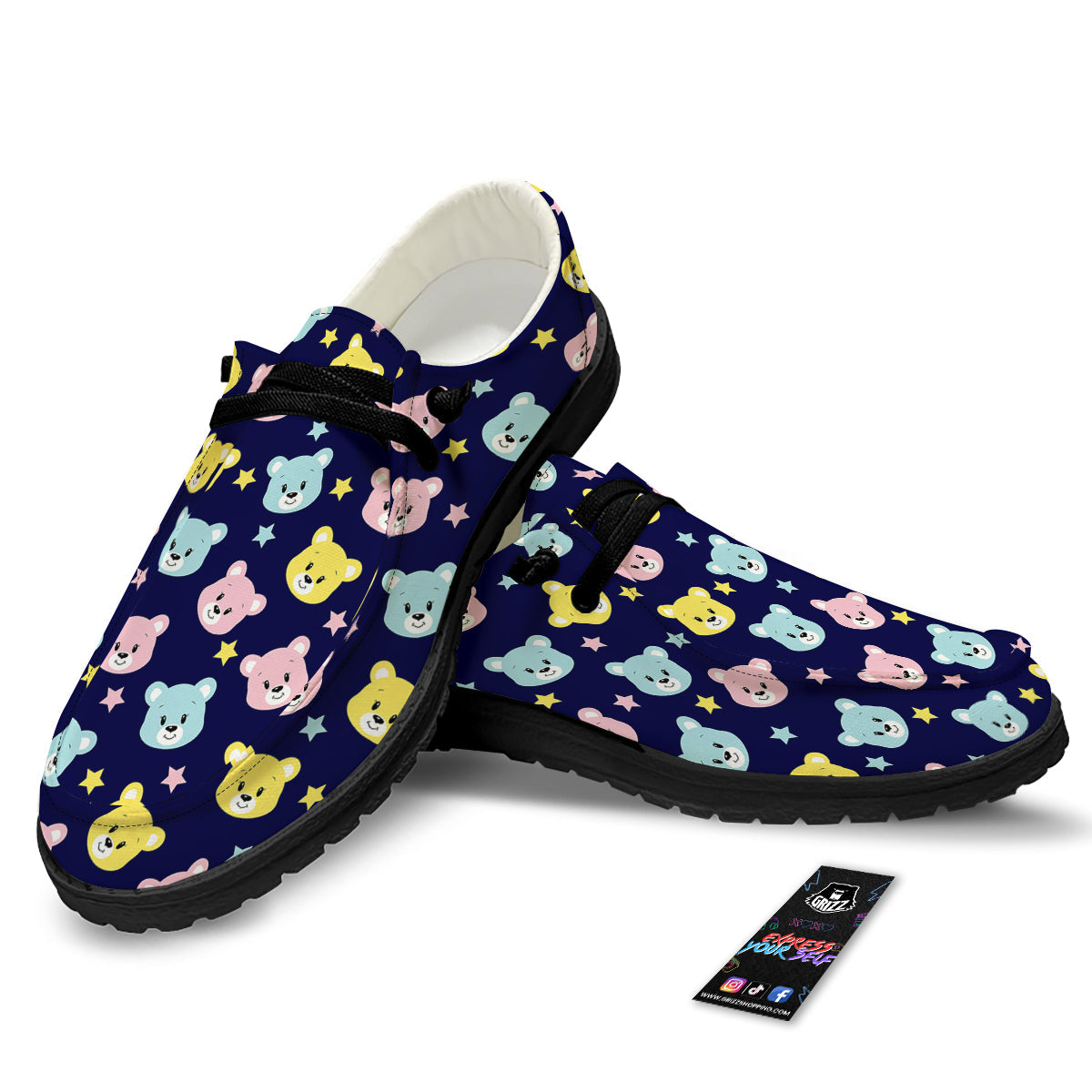 Emoji Bear Print Pattern Black Loafers-grizzshop