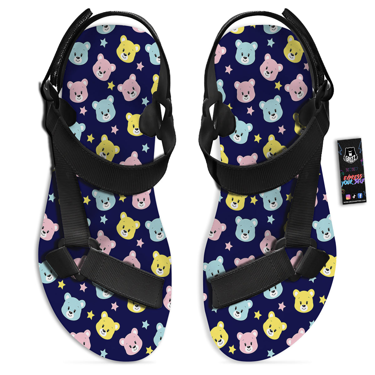 Emoji Bear Print Pattern Black Open Toe Sandals-grizzshop