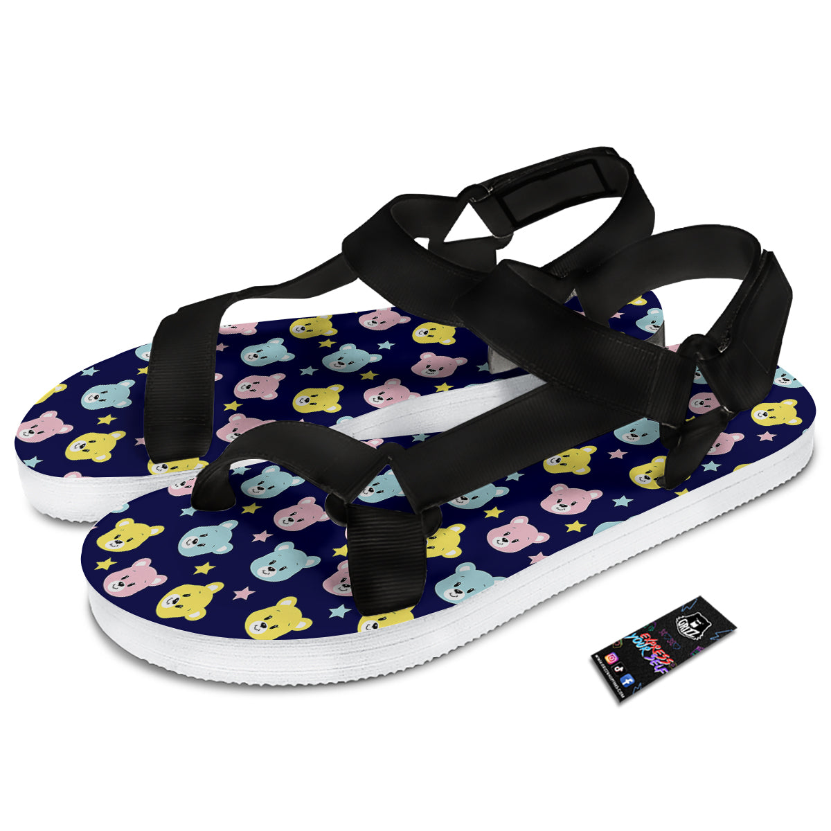 Emoji Bear Print Pattern Black Open Toe Sandals-grizzshop