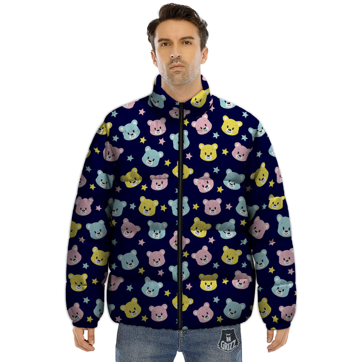 Emoji Bear Print Pattern Puffer Jacket-grizzshop