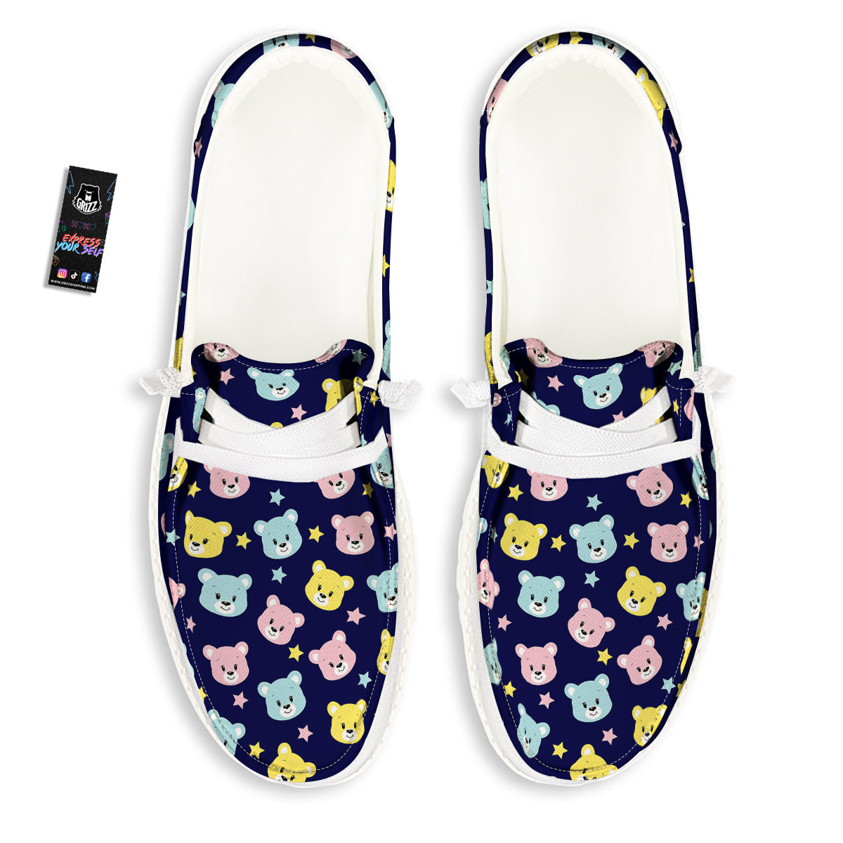 Emoji Bear Print Pattern White Loafers-grizzshop
