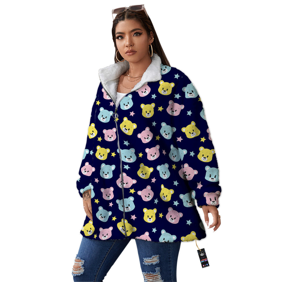Emoji Bear Print Pattern Women's Sherpa Jacket-grizzshop