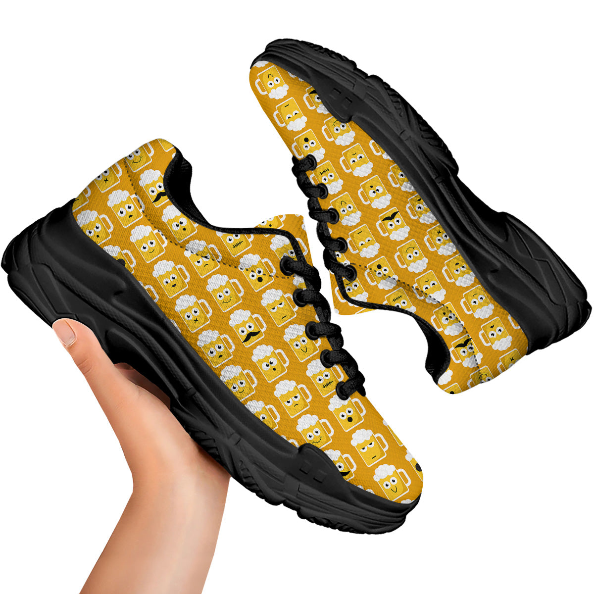 Emoji Beer Mugs Yellow Print Pattern Black Chunky Shoes-grizzshop