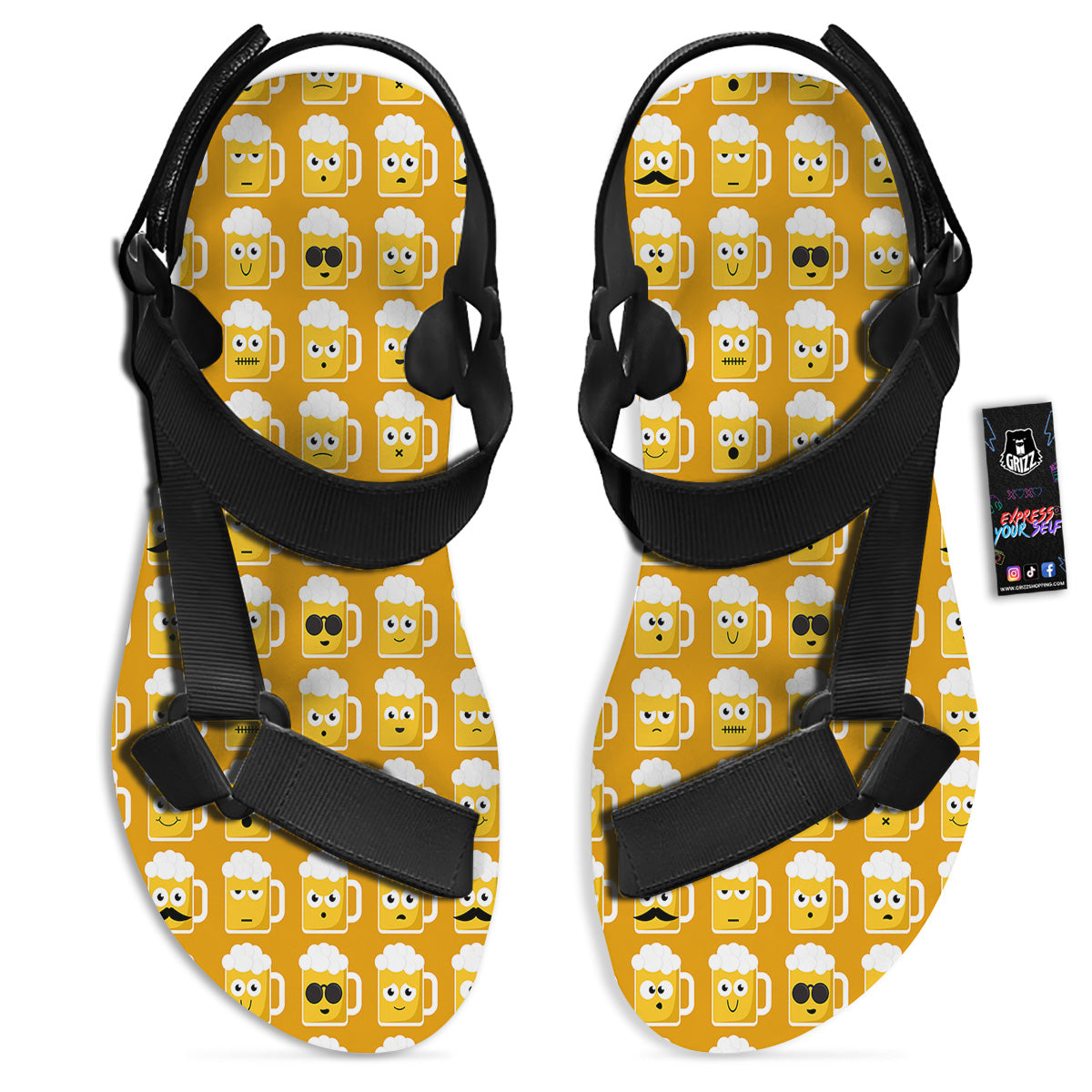 Emoji Beer Mugs Yellow Print Pattern Black Open Toe Sandals-grizzshop