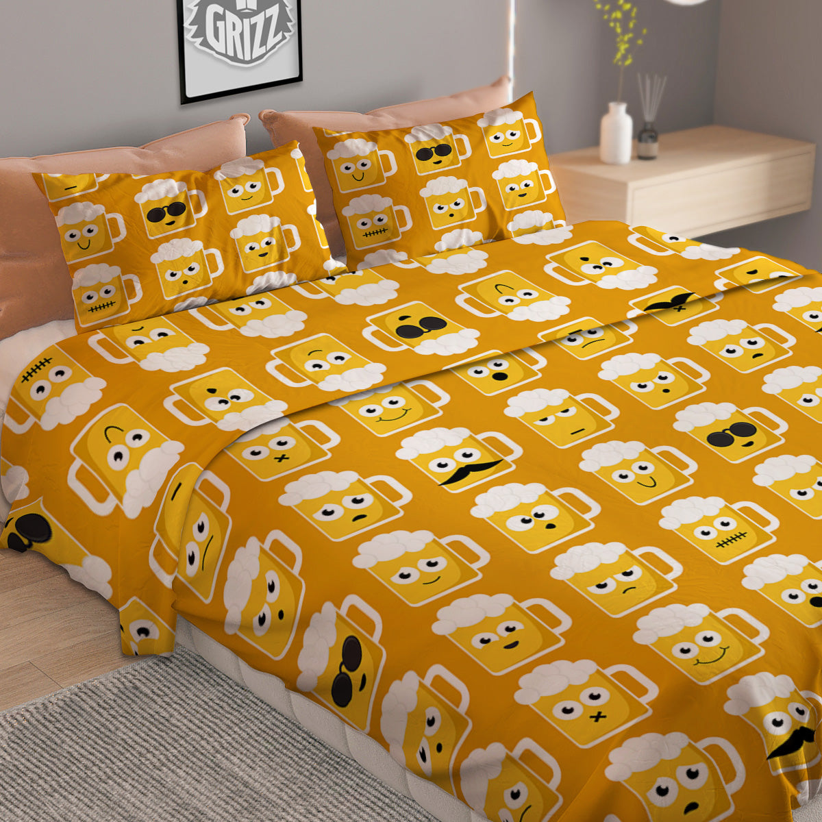 Emoji Beer Mugs Yellow Print Pattern Duvet Cover Bedding Set