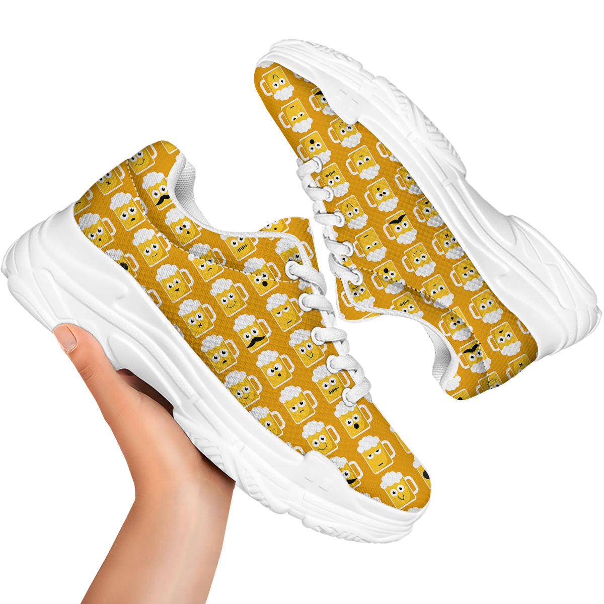 Emoji Beer Mugs Yellow Print Pattern White Chunky Shoes-grizzshop