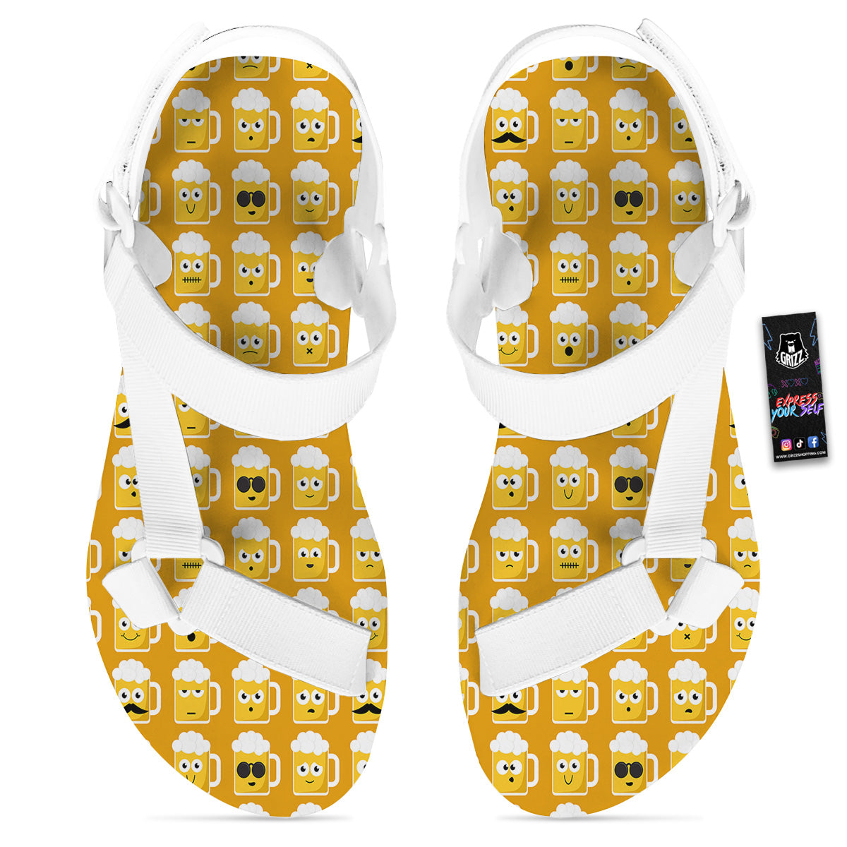 Emoji Beer Mugs Yellow Print Pattern White Open Toe Sandals-grizzshop