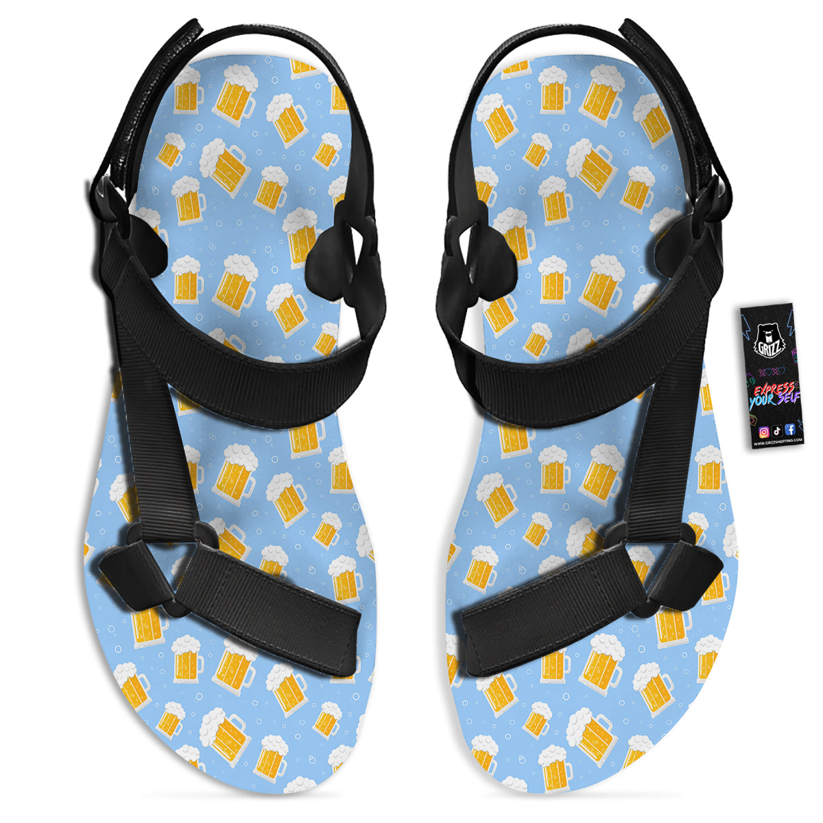 Emoji Beer Print Pattern Black Open Toe Sandals-grizzshop