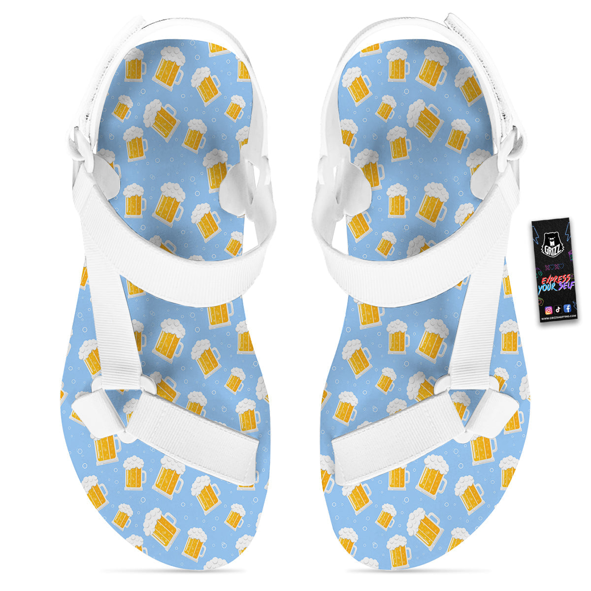 Emoji Beer Print Pattern White Open Toe Sandals-grizzshop