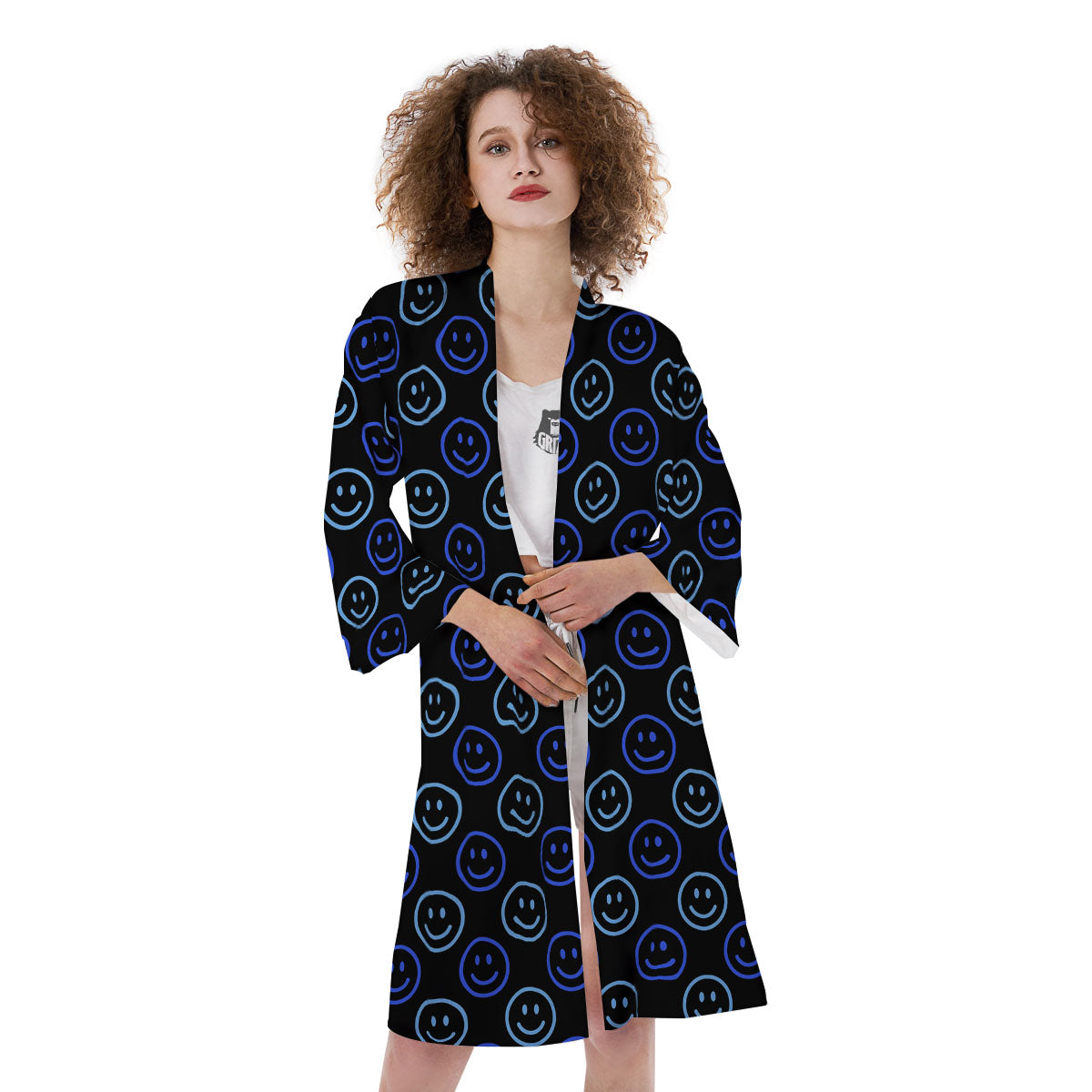 Emoji Blue Print Pattern Kimono-grizzshop