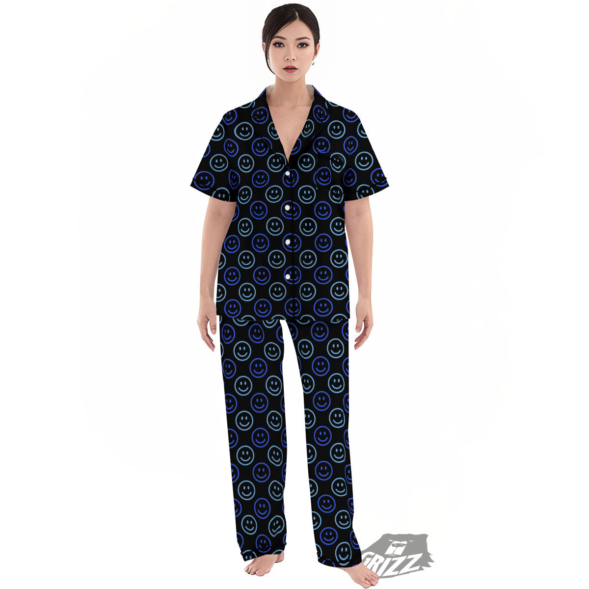 Emoji Blue Print Pattern Women's Pajamas Set-grizzshop