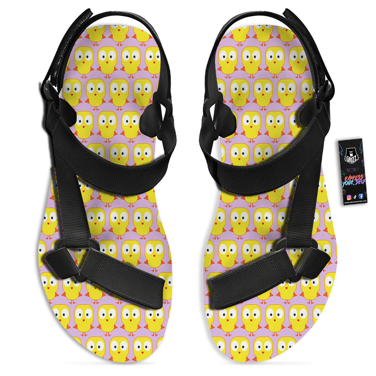 Emoji Chicken Love Print Pattern Black Open Toe Sandals-grizzshop