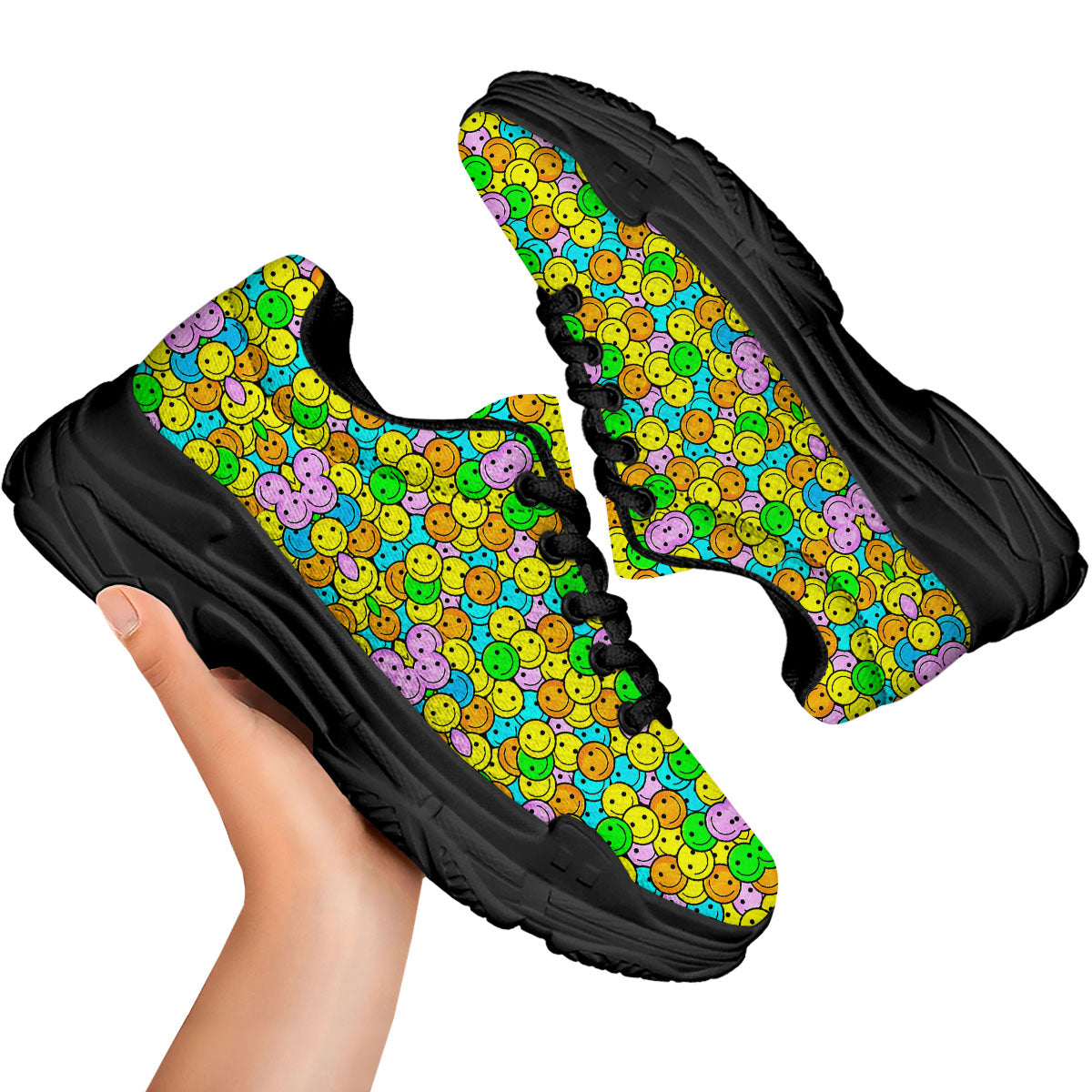 Emoji Colorful Print Pattern Black Chunky Shoes-grizzshop