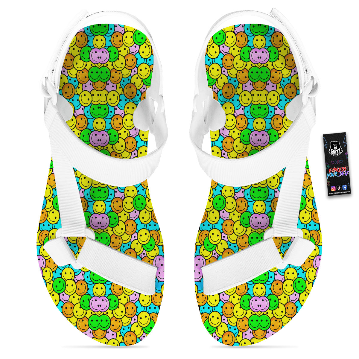 Emoji Colorful Print Pattern White Open Toe Sandals-grizzshop
