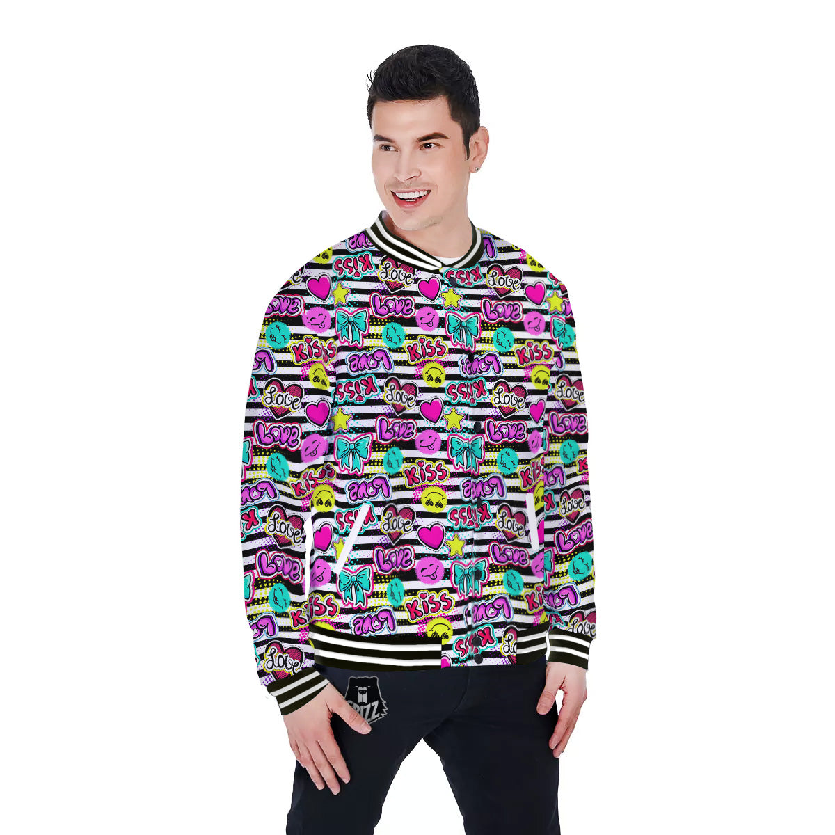Emoji Comics Stripe Print Pattern Baseball Jacket-grizzshop