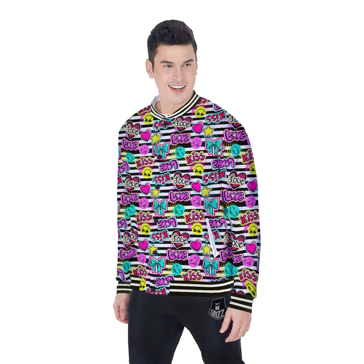 Emoji Comics Stripe Print Pattern Baseball Jacket-grizzshop