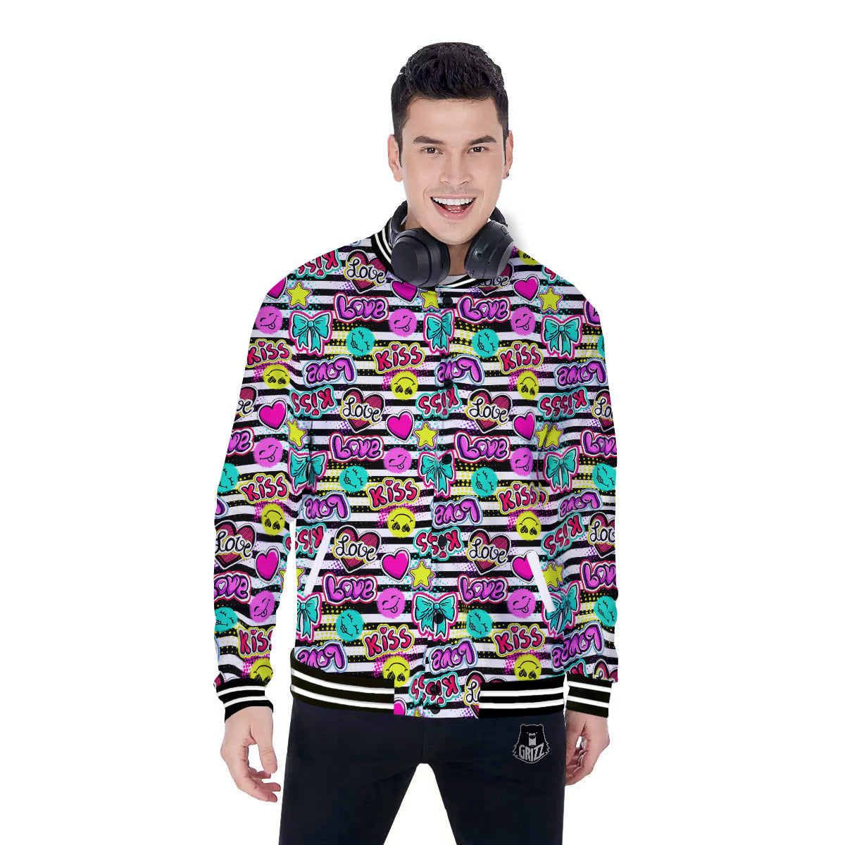 Emoji Comics Stripe Print Pattern Baseball Jacket-grizzshop
