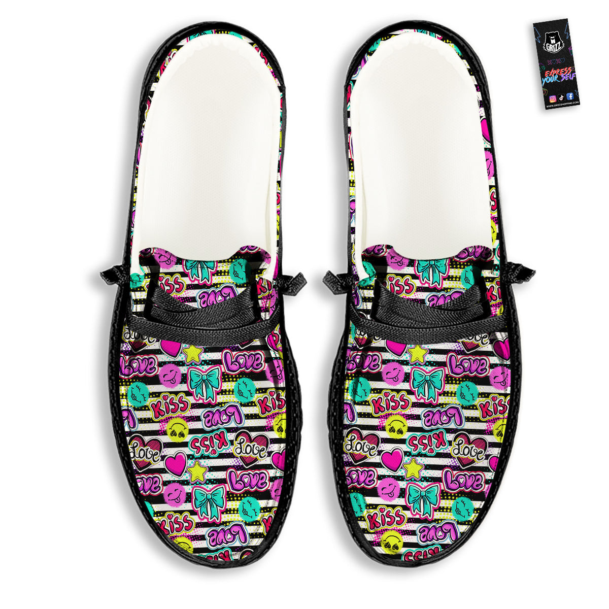 Emoji Comics Stripe Print Pattern Black Loafers-grizzshop