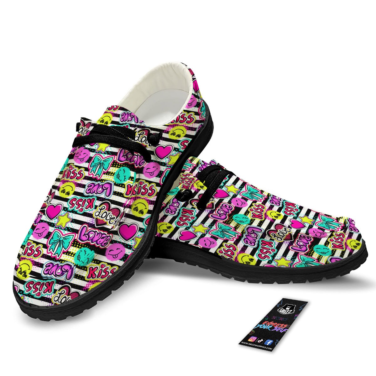 Emoji Comics Stripe Print Pattern Black Loafers-grizzshop