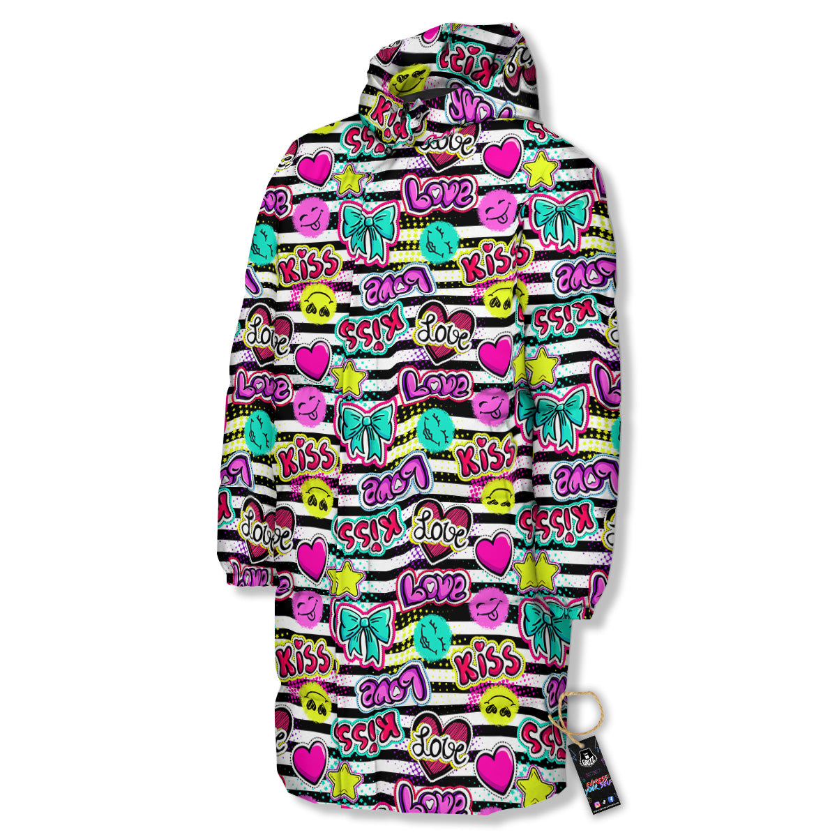 Emoji Comics Stripe Print Pattern Long Down Jacket-grizzshop
