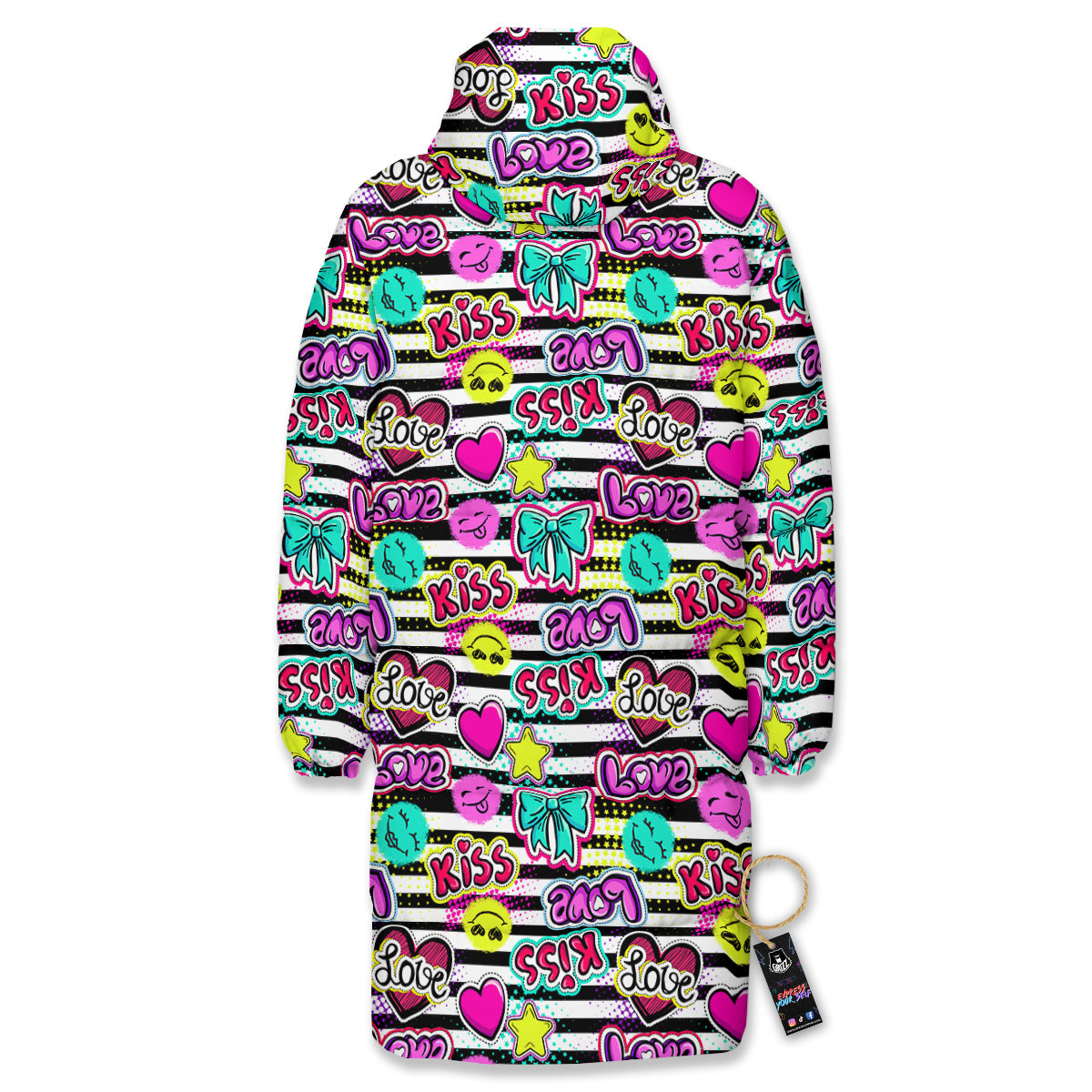 Emoji Comics Stripe Print Pattern Long Down Jacket-grizzshop