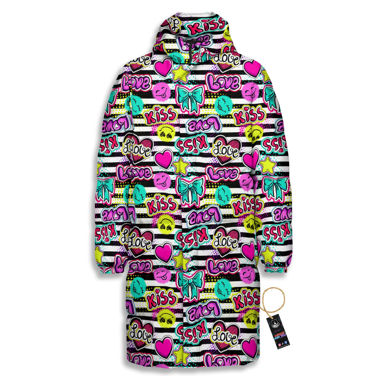 Emoji Comics Stripe Print Pattern Long Down Jacket-grizzshop