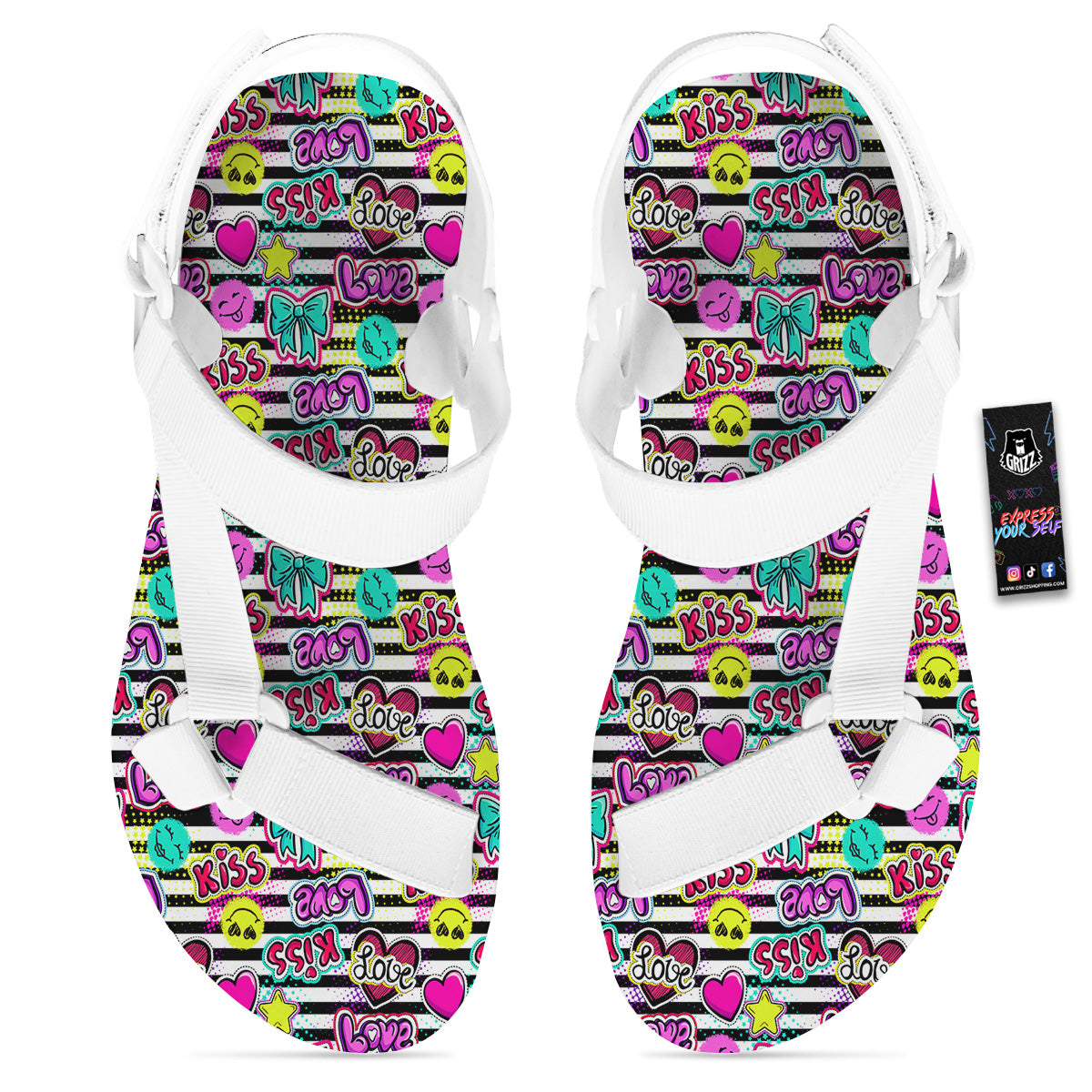 Emoji Comics Stripe Print Pattern White Open Toe Sandals-grizzshop